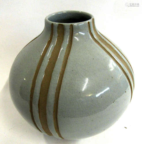 Large baluster vase, the grey body with a streaked buff design, 25cm high