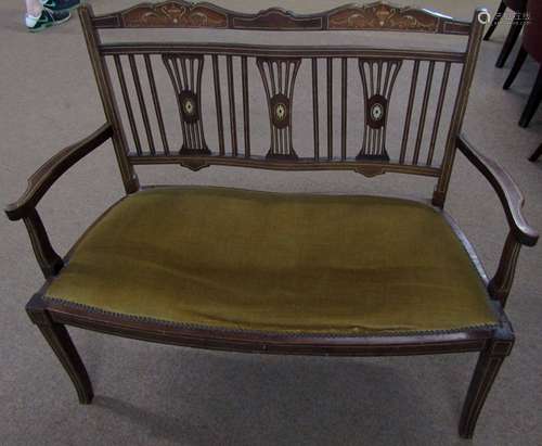 Edwardian double chair back cottage sofa, inlaid throughout with ivorine and satinwood neo-classical