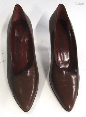 Pair of Yves St Laurent ladies brown patent leather high heeled shoes, size 9 1/2 M 