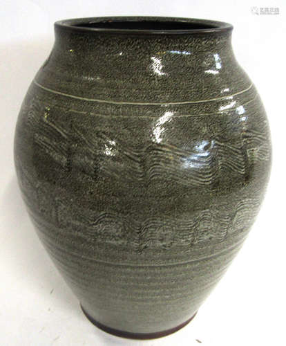 Large stoneware baluster vase with the ribbed body with a grey mottled design, the base stamped 