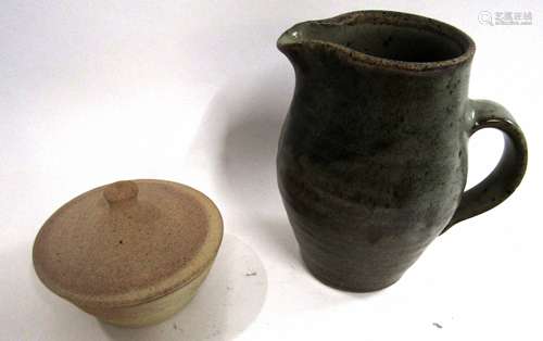 St Ives Pottery Studio jug and a further St Ives Pottery dish and cover, both with seal marks for St