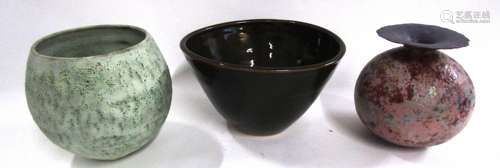 Group of three Studio Pottery wares comprising two baluster vases and a large bowl with Ten Moku