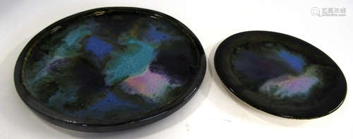 Eric Leaper (born 1921) Two Studio Pottery dishes, both with a mottled green and pink glazed