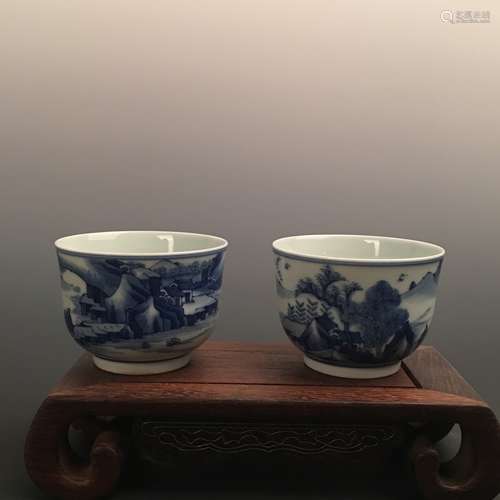 Pair Chinese Blue-White Cup, Kangxi Mark