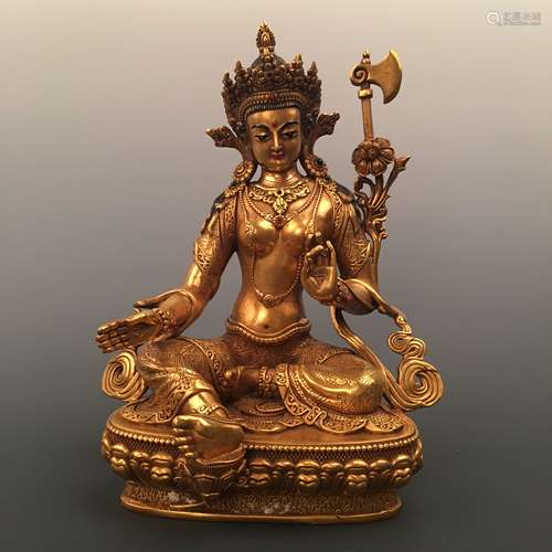 Chinese Gilt Bronze Manjushi Figure Inlaid Gemstones