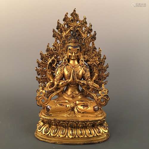 Chinese Gilt Bronze Tara Figure Inlaid Gemstones