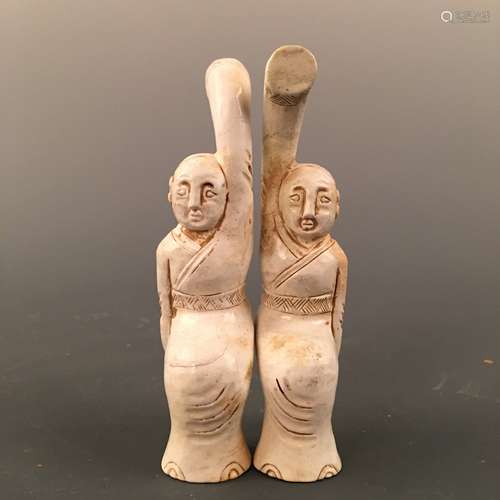 Chinese Archaic Jade 'Dancing Lady' Statue Pair