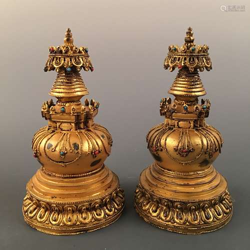 Pair of Gilt Bronze Chinese Buddhism Stupa Inlaid Gemst