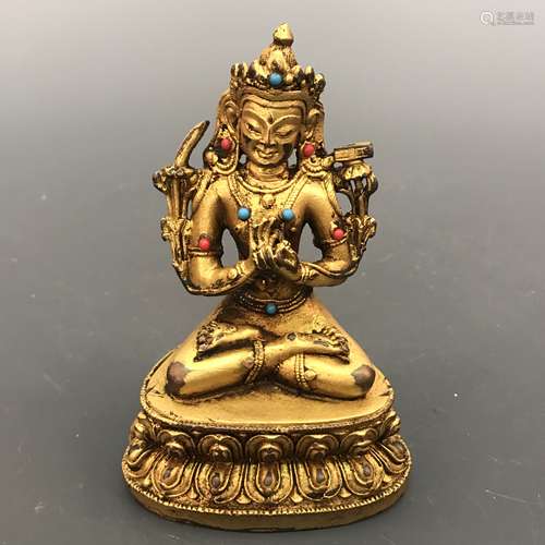 Chinese Gilt Brone Green Tara Figure Inlaid Gemstones