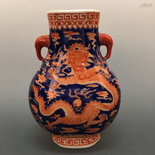 Chinese Iron Red Blue-White 'Dragon' Fanghu-Form Vase