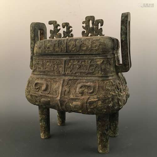 Chinese Shang Bronze Ritual Food Vessel Square Ding With A Lid