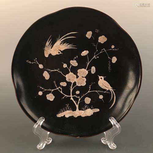 Chinese Ding Ware Engraved Design 'Plum Flower & Birds' Plate