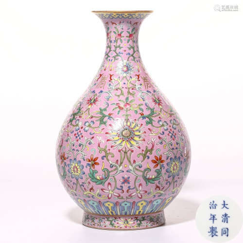 A Chinese Pink Ground Famille-Rose Porcelain Vase