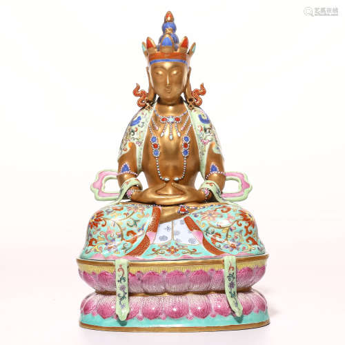 A Chinese Green Ground Famille-Rose Porcelain Buddha