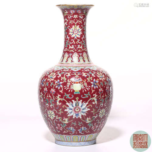 A Chinese Red Glazed Famille-Rose Porcelain Vase