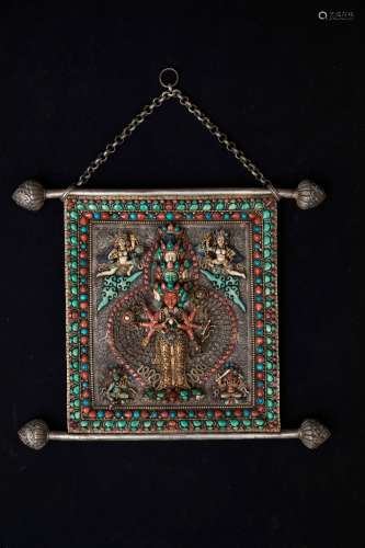 A Chinese Tibetan Silver Decoration with Hard Stone Inlaided