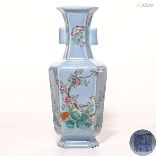 A Chinese Blue Glazed Famille-Rose Porcelain Vase