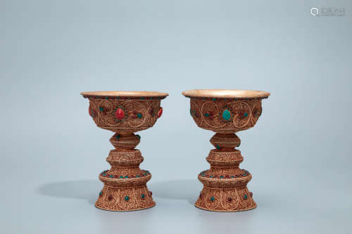 A Pair of Chinese Gilt Bronze Cups with Inlaid