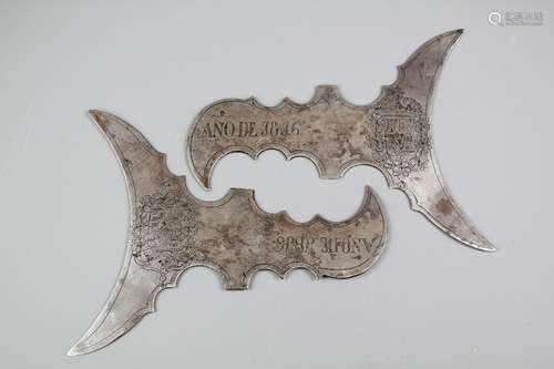 A Pair of 19th Century Spanish Steel Pike Heads; the pike heads engraved with Royal Coat of Arms of Spain and dated 1816