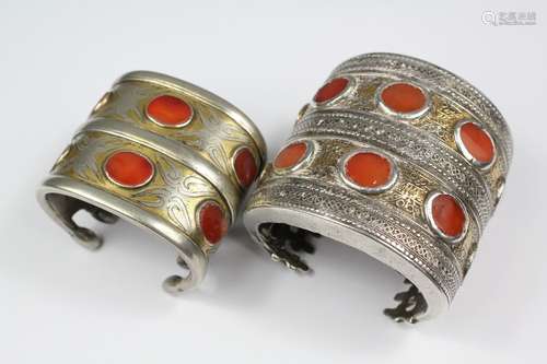 Two Antique Turkman Silver and Silver-gilt Cornelian Bracelets; one Yomud