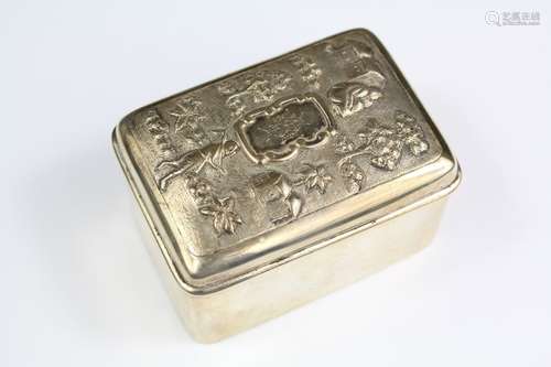 An Antique Chinese White Metal Tobacco Box; the box embossed with a village scene