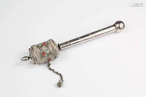 A Silver Tibetan Prayer Wheel; the prayer wheel set with turquoise and coral, approx 16 cms l