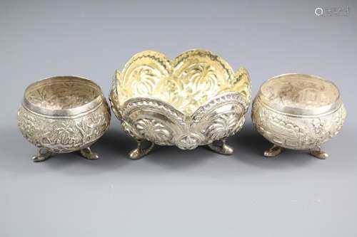 A Middle Eastern Silver Finger Bowl; together with two Indian silver cruets, raised on serpent feet