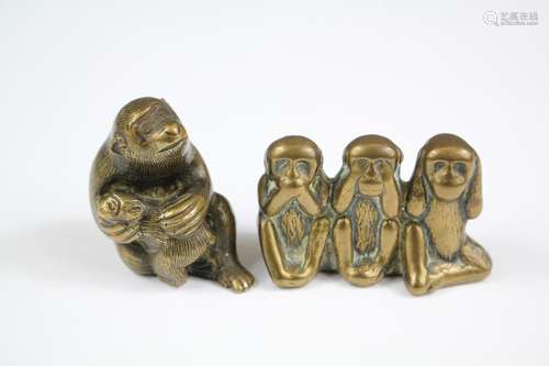 Antique Chinese Cast Bronze Gibbon and Infant, approx 4 x 4 cms together with a brass figural group 'See No Evil, Hear No Evil and Speak No Evil, approx 5 cms w x 2 cms d