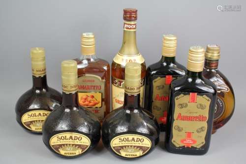 A Selection of Liqueurs; Including 3 x Solado, 3 x Brandy (a) VSOP Stock Original '84 Brandy from Trieste, (b) Brandy Vecchio Piemonte 5*, (c) Brandy Vecchio Romagna Etichetta Nero and 3 x Amaretto