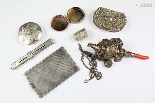 Miscellaneous Silver Lot, comprising a Victorian Silver Rattle, Birmingham hallmark, dated 1882, mm Hilliard & Thomason with six bells and red coral teether, approx 10 cms  together with two sterling silver pill boxes, sterling silver pencil holder pendant, silver card case stamped 925, silver thimble together with another trinket box