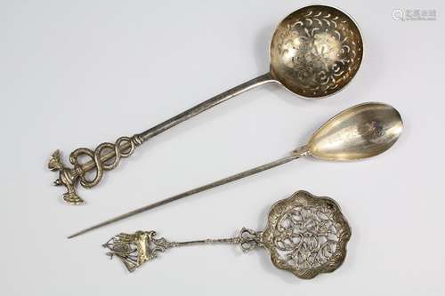 An Unusual Silver Sugar Spoon, London hallmark, dated 1893, mm Joseph & Albert Savory, the sugar finial having entwined serpent motif, approx 19 cms l, a marrow spoon having a stem terminating in a speared finial stamped BMP and a French sugar spoon, the finial stamped with the Minerva head mark, approx 13 cms l