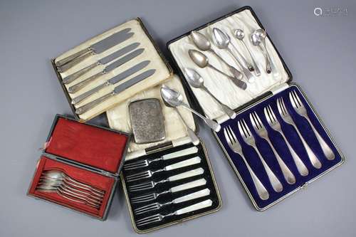 Miscellaneous Silver; including a set of grapefruit forks Birmingham hallmark, dated 1926, mm D & A in the original presentation box, Art Deco fruit knives, London hallmark, dated 1902, mm D in the original box and a box of Continental teaspoons together with six Georgian silver teaspoons, two silver mustard spoons and a silver cigarette case Birmingham hallmark, mm WJM & Co