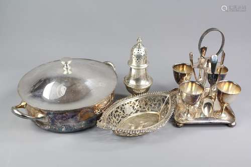 A Silver Sugar Sifter, London hallmark, silver bon-bon dish, Chester hallmark , together with a silver plated egg cup and stand and a silver plated casserole dish and cover