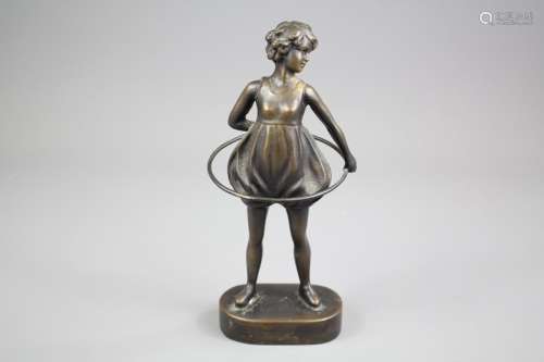 An Art Deco Bronze Figurine, depicting a girl and hula-hoop, approx 20 cms h