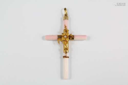 An 18ct Antique Yellow Gold, Seed Pearl and Coral Cross Pendant, approx 62 x 35 mm, approx 3