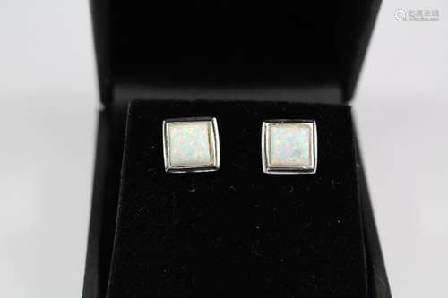 A Pair of Silver and Opal Stud Earrings, the opals measure 6 x 6 mm