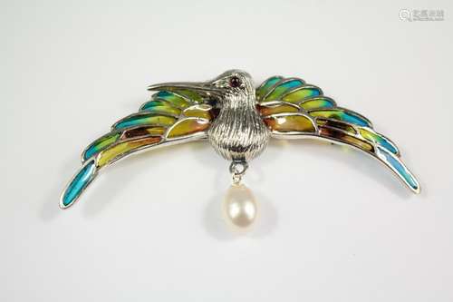 A Silver and Plique-a-Jour Hummingbird Brooch, with pearl drop, approx 7 cms width