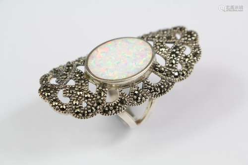 A Silver Marcasite and Opal Panel Ring, size P, the opal approx 17 x 12mm