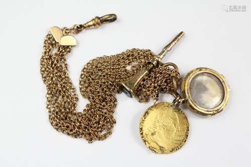 A Gold George III Guinea Coin and Blood-stone Pendant, on a 9ct double four-strand fob chain, approx 21 gms