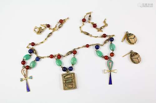 Antique Egyptian 9ct Gold and Semi-Precious Stone and Enamel Coptic Necklace, approx 36 cms together with a pair of scarab beetle earrings, approx 11 gms