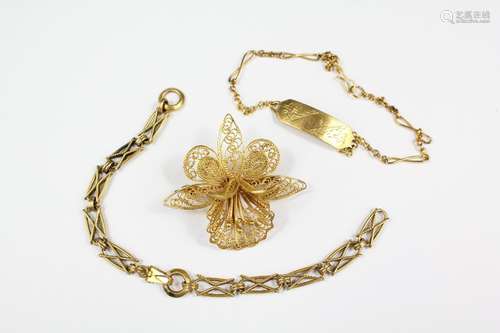 A 14 ct Gold Part Bracelet, Identity Bracelet and Filigree Floral Brooch, approx 16 gms