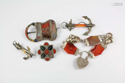 Silver and Hardstone Jewellery, including a shield brooch, bracelet and two anchor brooches