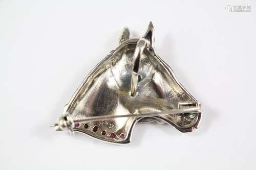 A Silver Horse Brooch, with ruby collar and emerald eye, approx 30 x 30 mm, approx 9