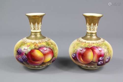 Royal Worcester - A Pair of Early 20th Century Vases, hand painted with fruit, signed by Edward Townsend, approx 10 cms h, with factory marks to base nr F110