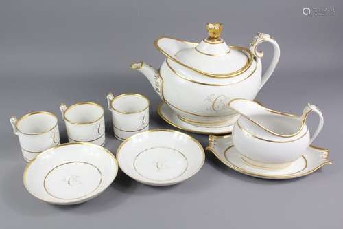 Flight Barr & Barr Worcester Part Tea and Coffee Services the services comprising six coffee cups, four tea cups, eight saucers, milk jug, teapot and base, petit-fours dish in white porcelain with gilded edging and monogrammed letter 'C' to all pieces, incised FBB to the base of each piece, some pieces dated August 1818, (minor gilding loss evident particularly to the plate edges