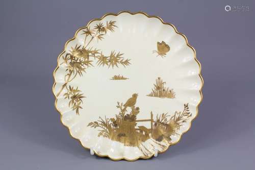 A Spode Enamel Gilded Cabinet Plate, depicting a bird and butterflies, incised factory marks to base, approx 21 cms together with two 19th century Coalport cabinet plates depicting Highland scenes approx 24 cms d and one other Coalport plate hand painted with 'Fynbos' (hairline crack evident)