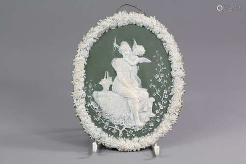 A Wedgwood Celadon Green Plaque, depicting a classical scene, approx 20 cms