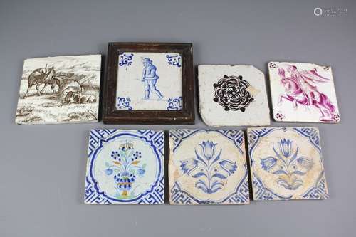 Seven Miscellaneous Antique Ceramic Tiles including an 18cth Delft Polychrome;