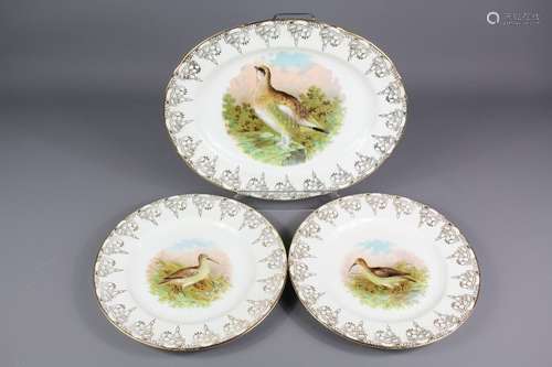 A Collection of English Porcelain Cabinet Plates; five plates depicting sporting birds approx 25 cms dia,, together with an oval plate depicting a grouse approx 33 x 26 cms, all with gilt rims