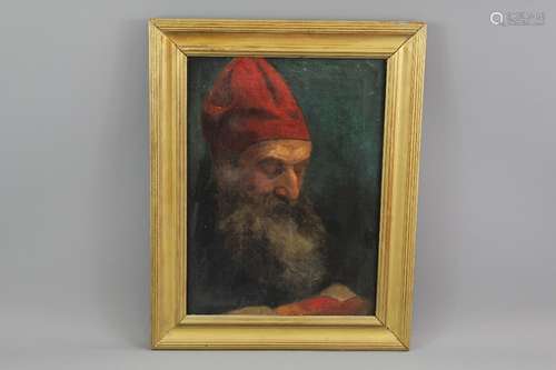 Antique Oil Painting on Canvas; the portrait  depicting a Cardinal, eyes closed in prayer, approx 27 x 37 cms, framed